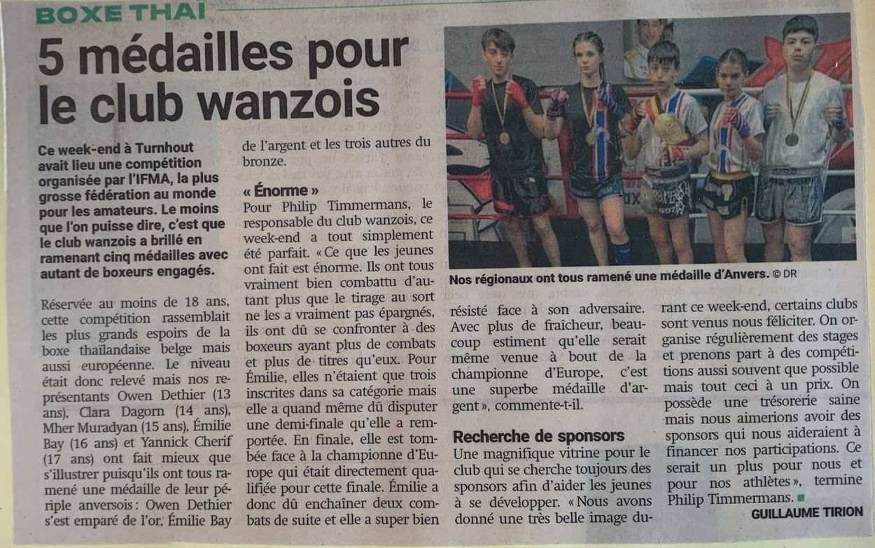 5 medailles pour le club wanzois au championnat d'Europe IFMA